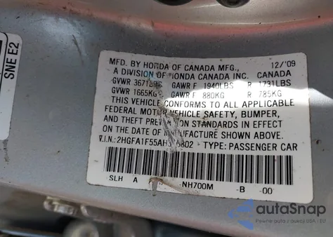 2010 Honda Civic Lx из США, поврежденный, VIN 2HGFA1F55AH316802